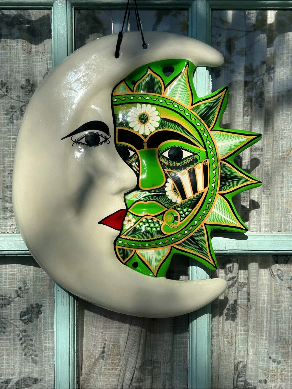 Huge folk art plaque is a hand-painted ceramic 